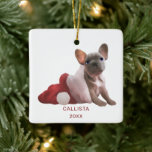 Cute Red White French Bulldog Santa Hat Christmas Keramikornament<br><div class="desc">This cute and artsy Christmas holiday ornament is perfect to set the festive vibe for your special event. It features a hand-painted gray and white french bulldog inside a white and red Santa hat on top of a simple white background. On the back is a pattern featuring this cute puppy....</div>