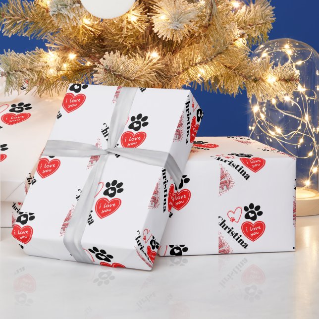 Cute Red & White Paw Print Valentines Day Hearts  Geschenkpapier (Feiertage)