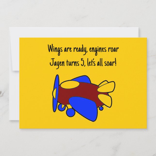 Cute Red Yellow Blue Airplane Cartoon for Kids Einladung (Vorderseite)