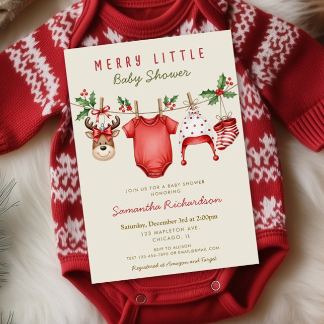 Cute reindeer baby clothes Merry Little Christmas Einladung (Von Creator hochgeladen)