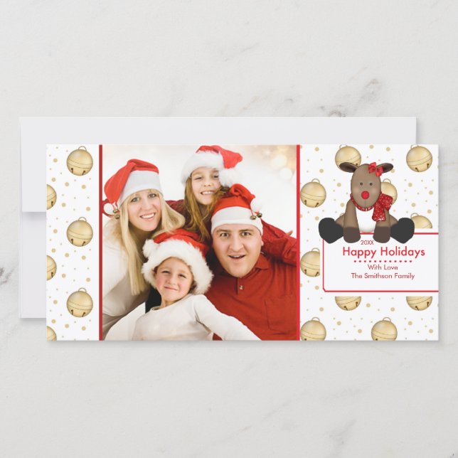 CUTE Reindeer Bells Noël Famille Carte photo (Devant)