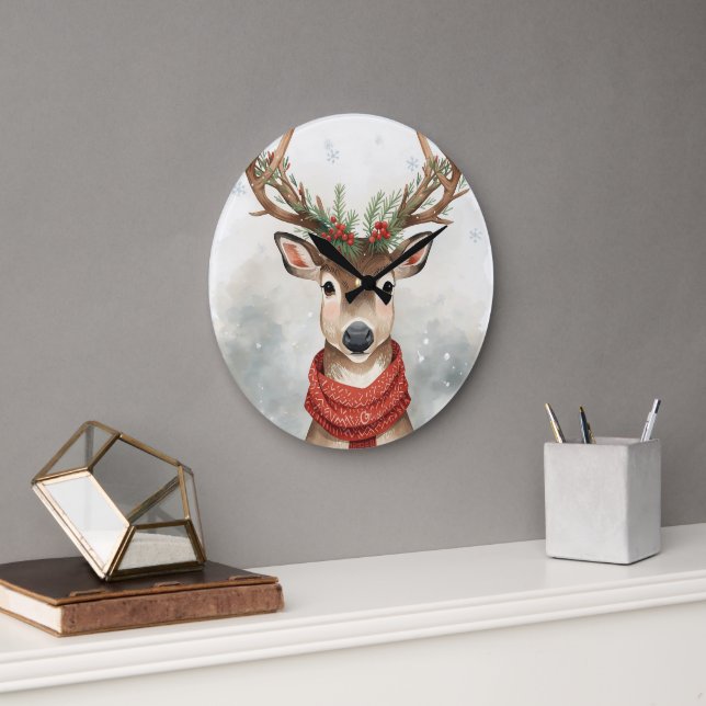 Cute Reindeer Christmas Round Wall Clock Große Wanduhr (Büro)