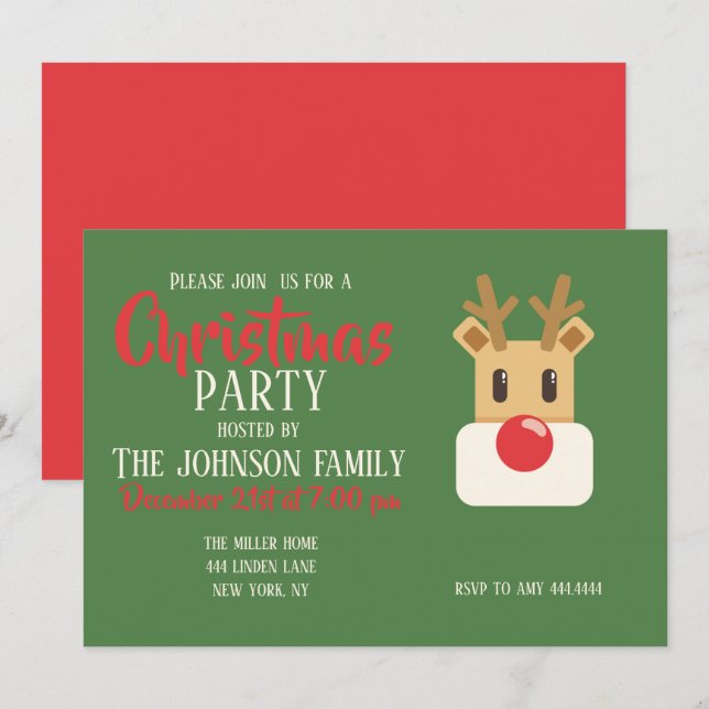 Cute Reindeer Head Cartoon Einladung (Vorne/Hinten)