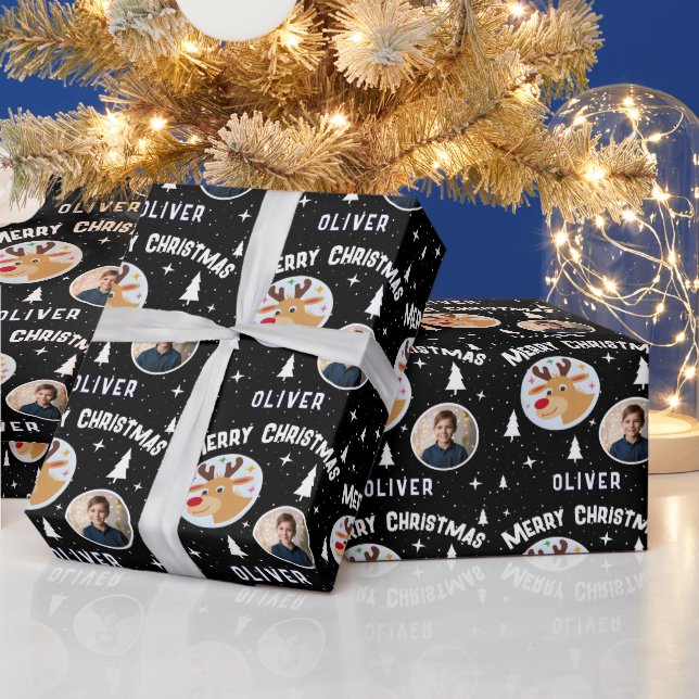 Cute Reindeer Kid`s Name Photo Christmas Geschenkpapier (Feiertage)