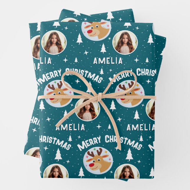 Cute Reindeer Kid`s Name Photo Christmas Geschenkpapier Set (Beispiel)