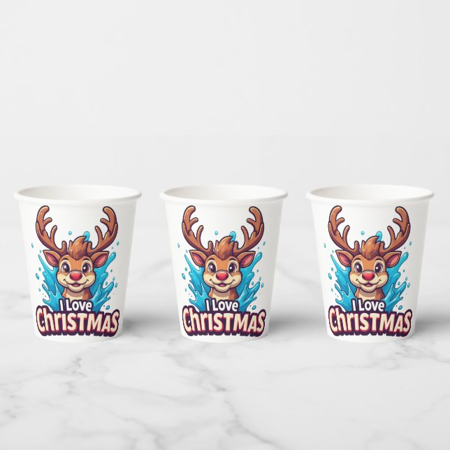 Cute Reindeer Mascot With 'I Love Christmas' Text Pappbecher (Multi)