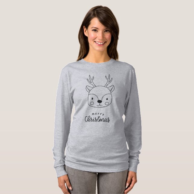 Cute Reindeer Merry Christmas Line Art T-Shirt (Vorne ganz)