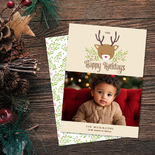 Cute Reindeer Neutral Joyeux Carte photo de vacanc