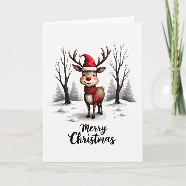 Cute Reindeer Santa Hat Red Scarf Merry Christmas Karte (Vorderseite)