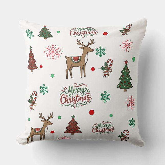 Cute Reindeer & Tree Merry Christmas Pattern Throw Kissen (Vorderseite)