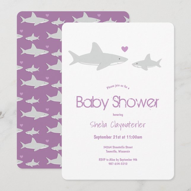 Cute Requin Animal Purple Baby shower Invitation (Devant / Derrière)