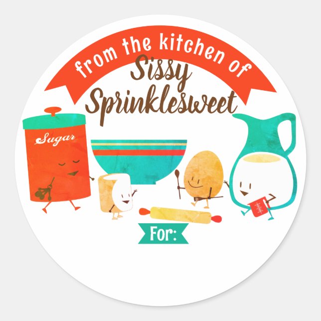 Cute retro baking ingredients personalized to from runder aufkleber (Vorderseite)