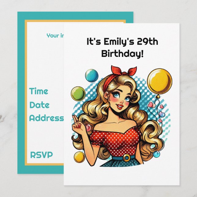 Cute retro Birthday lady party  Einladung (Vorne/Hinten)