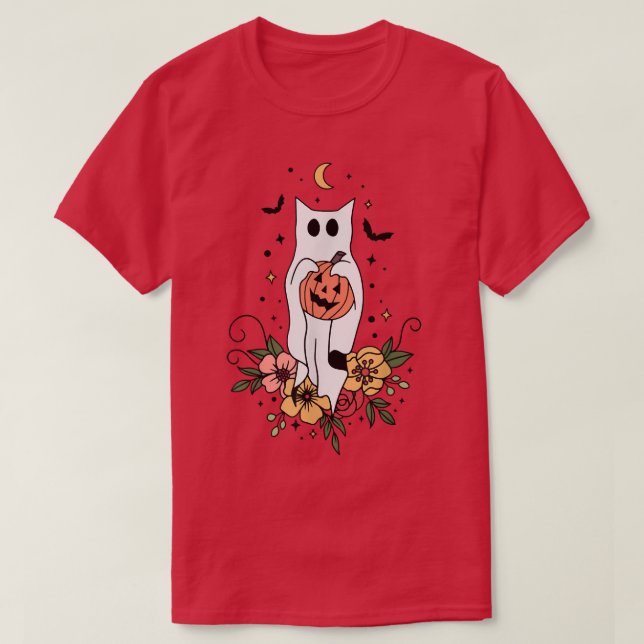 Cute Retro Black Cat Ghost Flower Fall Halloween C T-Shirt (Design vorne)