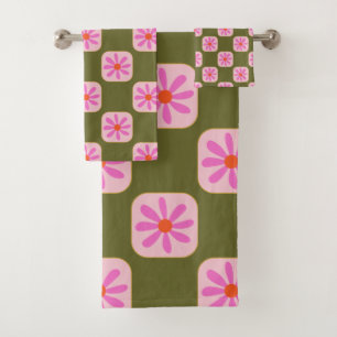 Cute Retro Boho Checkerboard Fleur vert rose 