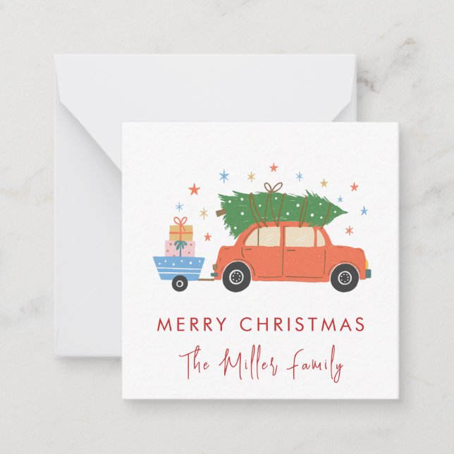 Cute Retro Car with Christmas tree Holiday  Mitteilungskarte (Vorderseite)