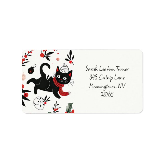 Cute Retro Chat Noir Étiquettes de adresse de Noël (Devant)