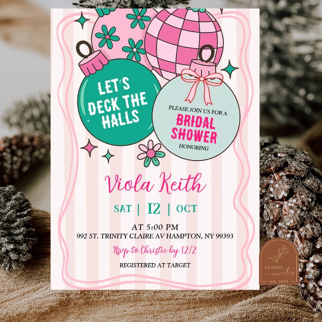 Cute Retro Christmas Deck the Halls Bridal Shower Einladung (Von Creator hochgeladen)