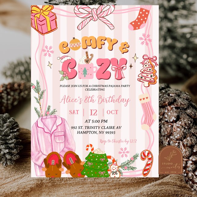 Cute Retro Christmas Pajama Party Girl Birthday Einladung (Von Creator hochgeladen)