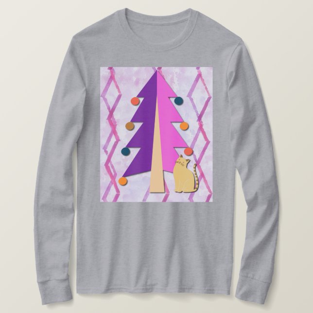 Cute Retro Christmas Tree and Cat Art on T-Shirt (Design vorne)