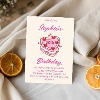 Cute Retro Cream & Pink Heart Cake Birthday Party  Einladung