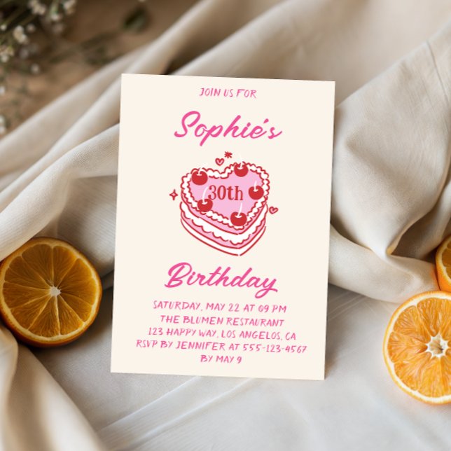 Cute Retro Cream & Pink Heart Cake Birthday Party  Einladung (Von Creator hochgeladen)