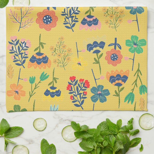 Cute retro floral pattern mustard Pink Green Geschirrtuch (Gefaltet)