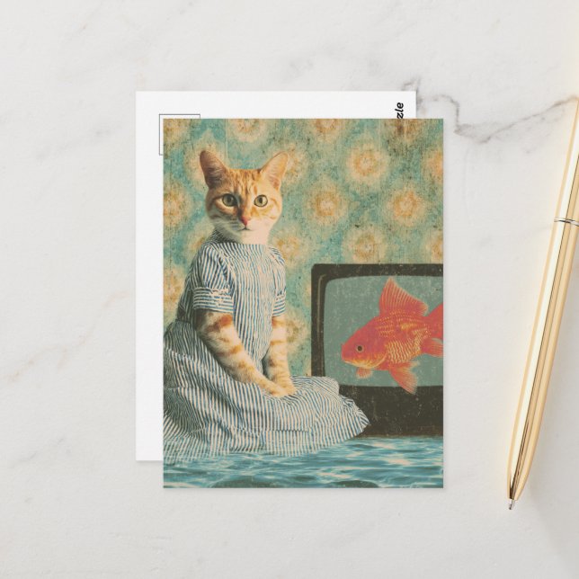 Cute Retro Ginger Cat With Goldfish Retro Collage Postkarte (Vorderseite/Rückseite Beispiel)