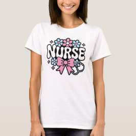 Cute Retro Nurse Design with Flowers and Bow T-Shirt
