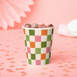 Cute Retro Orange Pink Green Checkerboard Pattern Pappbecher