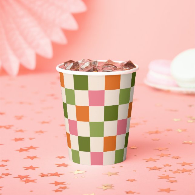 Cute Retro Orange Pink Green Checkerboard Pattern Pappbecher (Insitu)