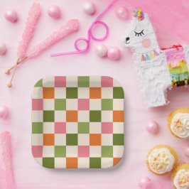 Cute Retro Orange Pink Green Checkerboard Pattern Pappteller