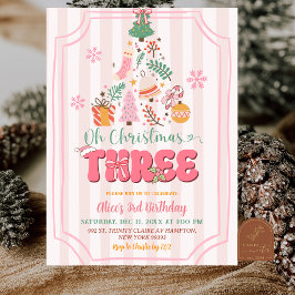 Cute Retro Pink Girl O Christmas Three Birthday Einladung