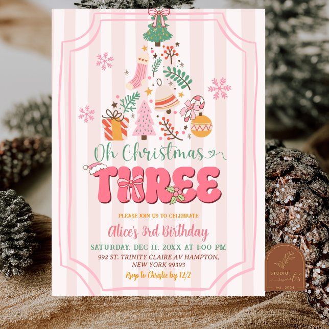 Cute Retro Pink Girl O Christmas Three Birthday Einladung (Von Creator hochgeladen)