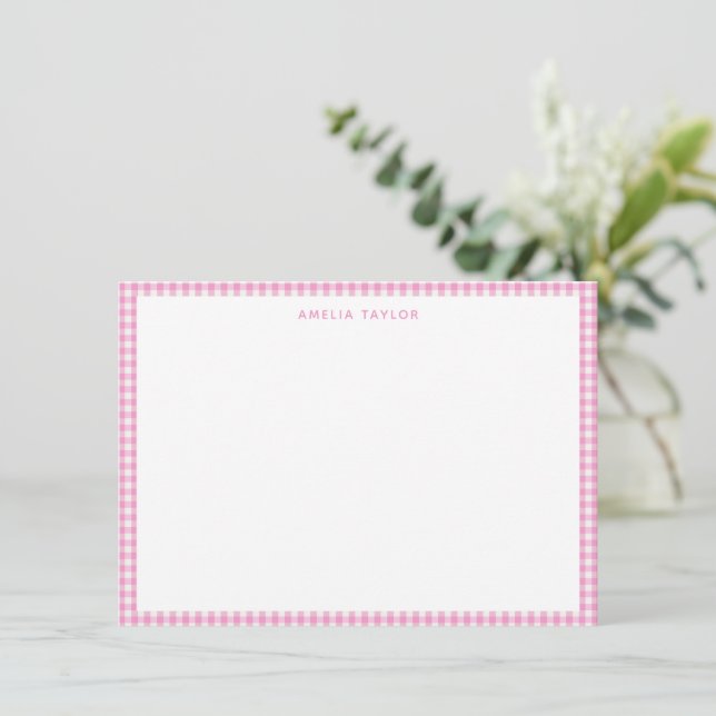 Cute Retro Pink White Gingham Plaid Personalized Mitteilungskarte (Stehend Vorderseite)