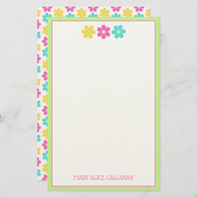 Cute Retro Yellow Pink Blue Daisies Briefpapier (Vorne/Hinten)