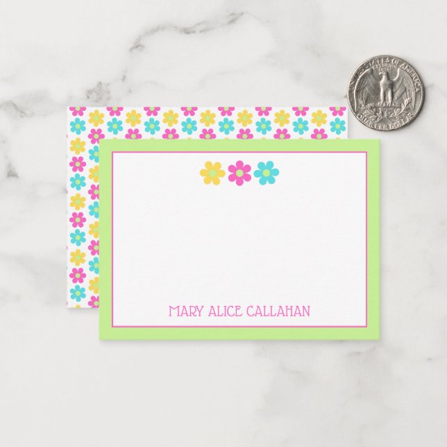 Cute Retro Yellow Pink Blue Daisies Mitteilungskarte (Vorderseite/Rückseite Beispiel)
