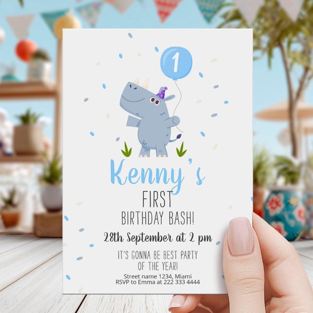 Cute Rhino First Birthday Party Card Einladung (Von Creator hochgeladen)
