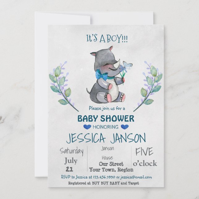 CUTE RHINO GARY INVITATION BABY SHOWER (Devant)