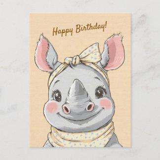 Cute Rhino with Bandana Kids Birthday Invitation Postkarte