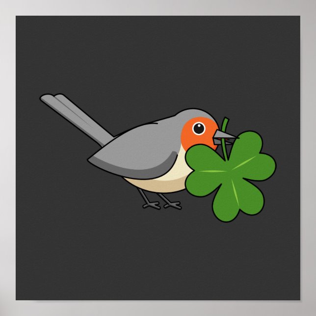 Cute Robin with Shamrock Clover Cartoon Poster (Vorne)