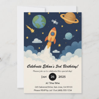 Cute Rocket & Planet Space Art Birthday  Einladung