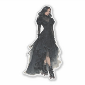 Cute Roller Skating Woman in Black Gothic Dress Aufkleber