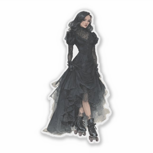 Cute Roller Skating Woman in Black Gothic Dress Aufkleber (Vorderseite)