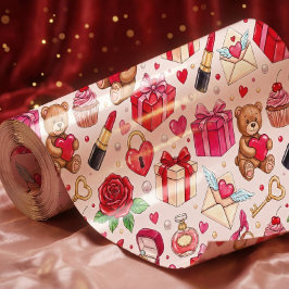 Cute Romantic Red & Pink Watercolor Love Pattern Geschenkpapier