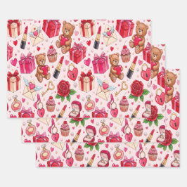 Cute Romantic Red & Pink Watercolor Love Pattern Geschenkpapier Set