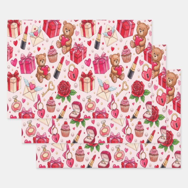 Cute Romantic Red & Pink Watercolor Love Pattern  Geschenkpapier Set (Set)