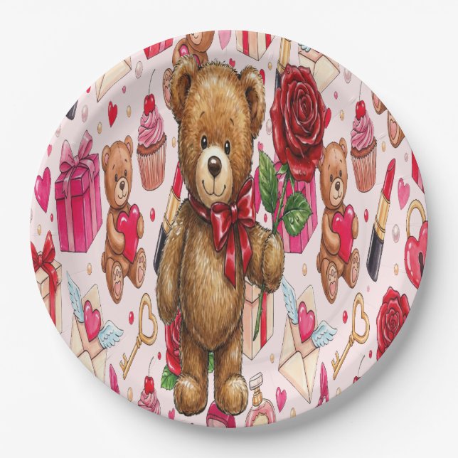 Cute Romantic Red & Pink Watercolor Love Pattern Pappteller (Vorderseite)