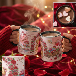 Cute Romantic Red & Pink Watercolor Love Pattern Tasse