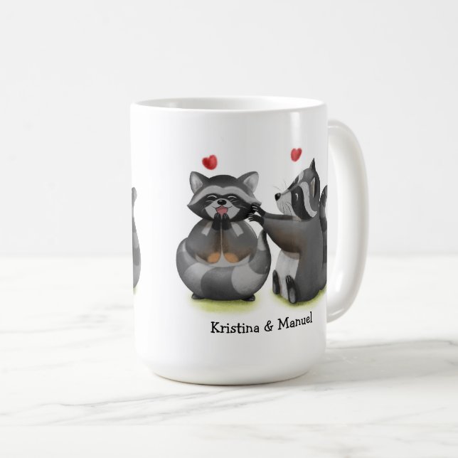 Cute Romantique Cartoon Raccoon Couple Café Mug (Devant droit)